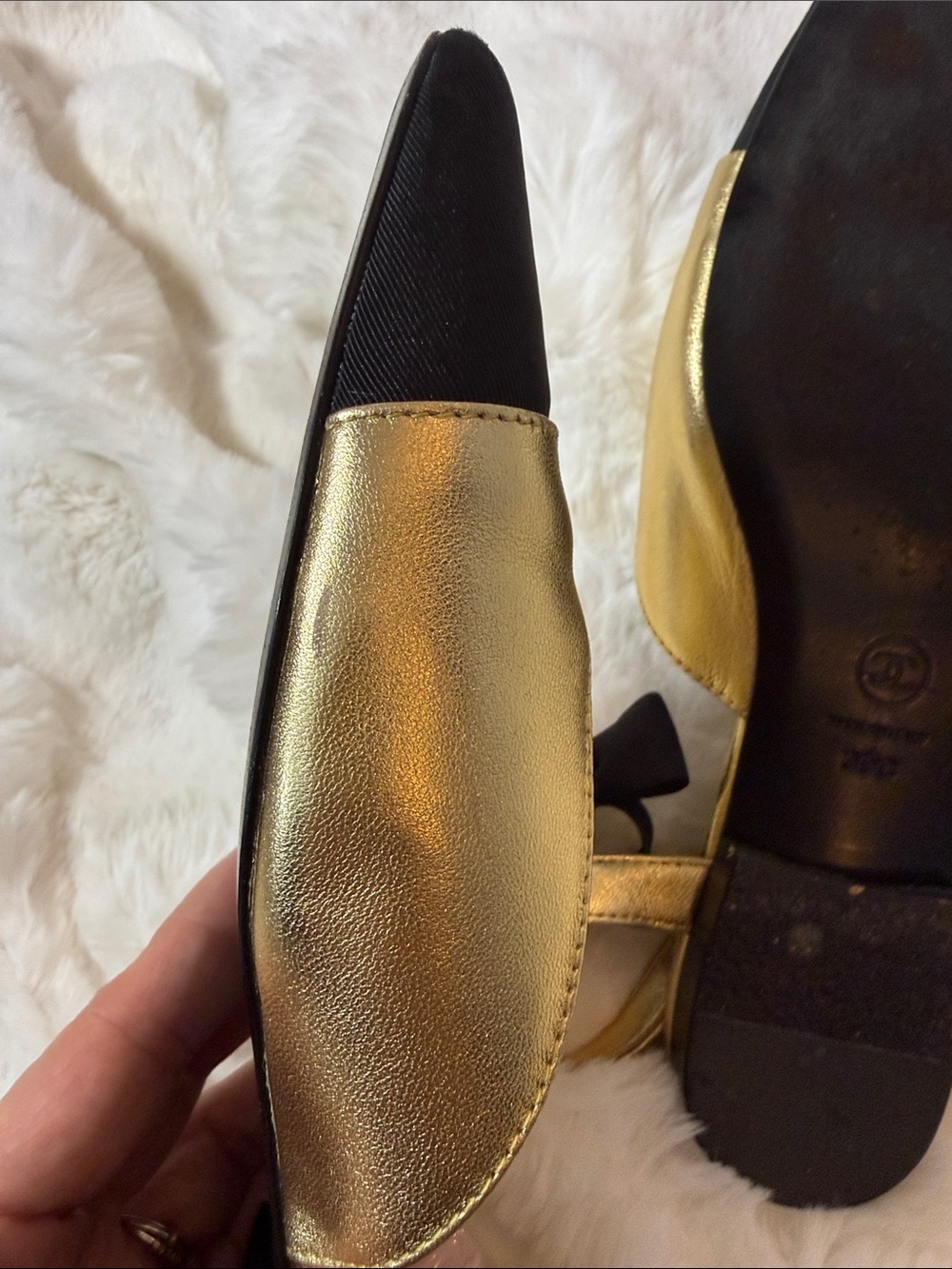 CHANEL Gold and Black Pointed-Toe Slingback Flats - Picture 5 of 12